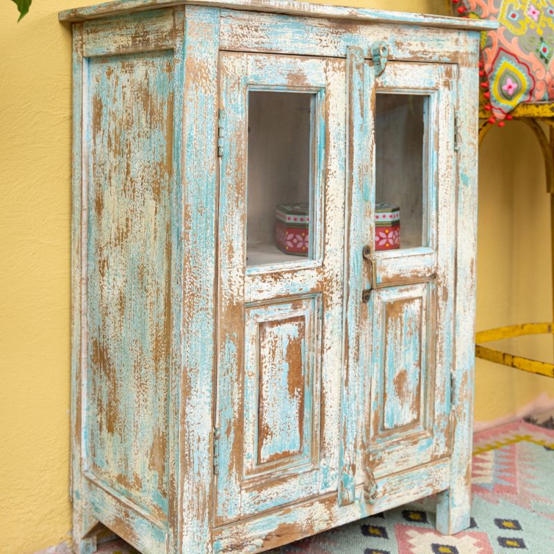 Blue & cream vintage style 2 door, one shelf cabinet