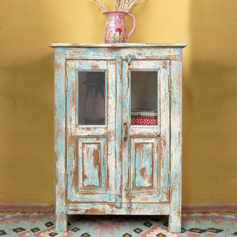 Blue & cream vintage style 2 door, one shelf cabinet