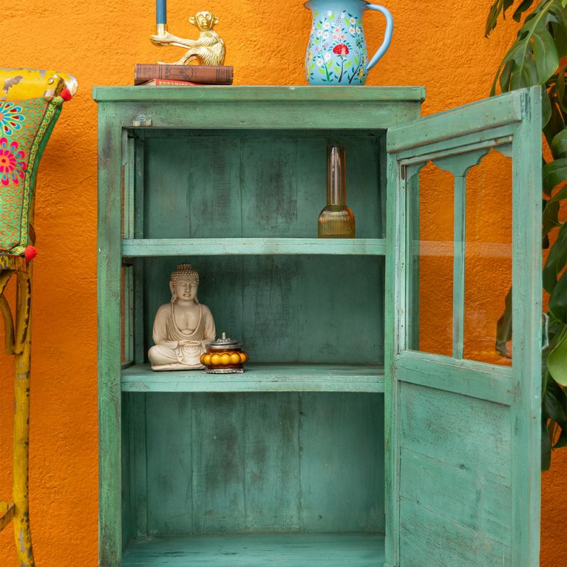 Vintage green wood & glass door, 2 shelf cabinet