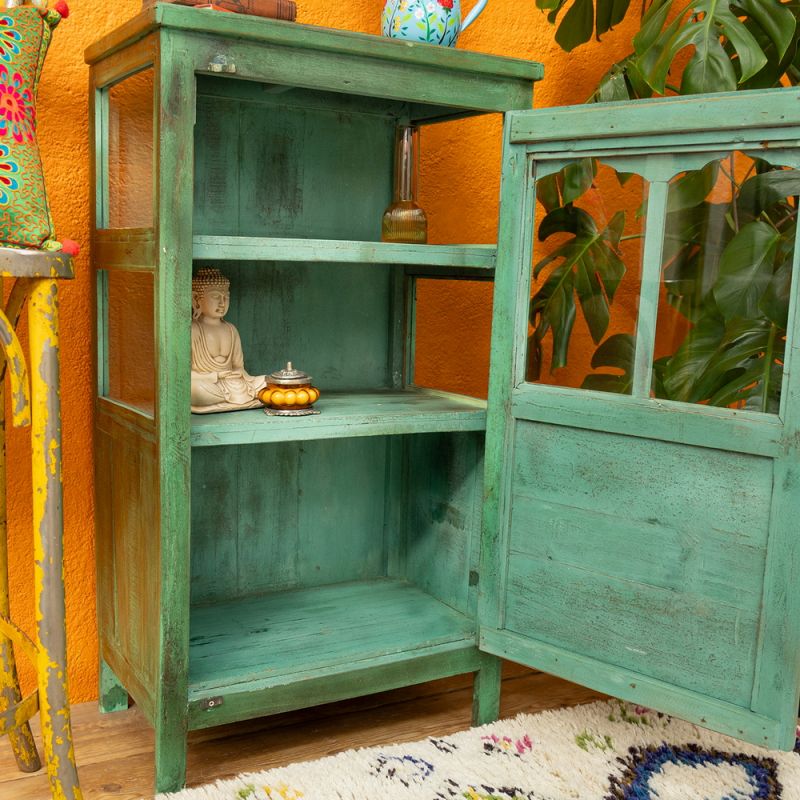 Vintage green wood & glass door, 2 shelf cabinet