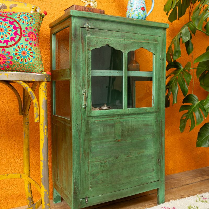 Vintage green wood & glass door, 2 shelf cabinet