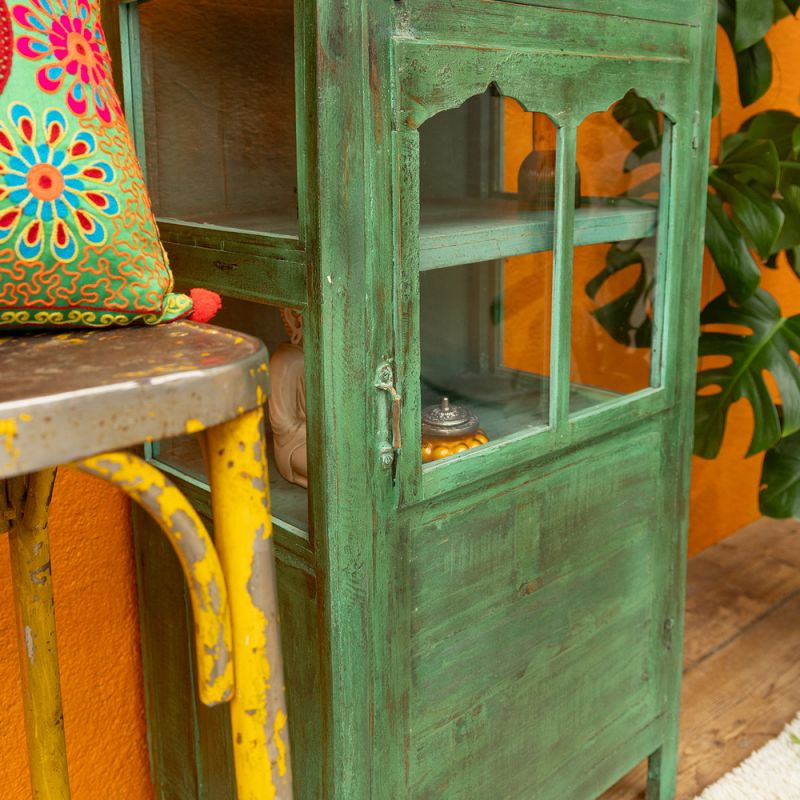 Vintage green wood & glass door, 2 shelf cabinet