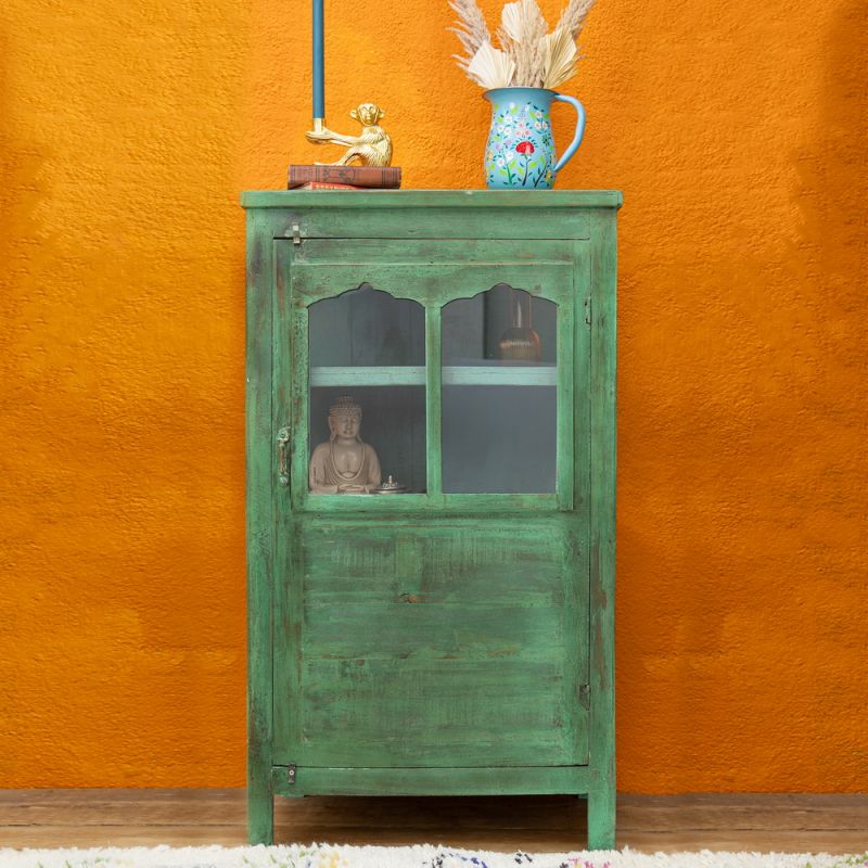 Vintage green wood & glass door, 2 shelf cabinet