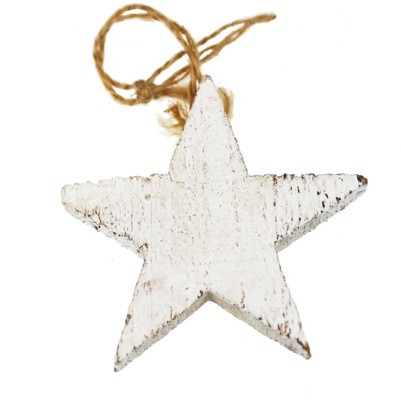 Rough wood white washed star on string - 9,5cm