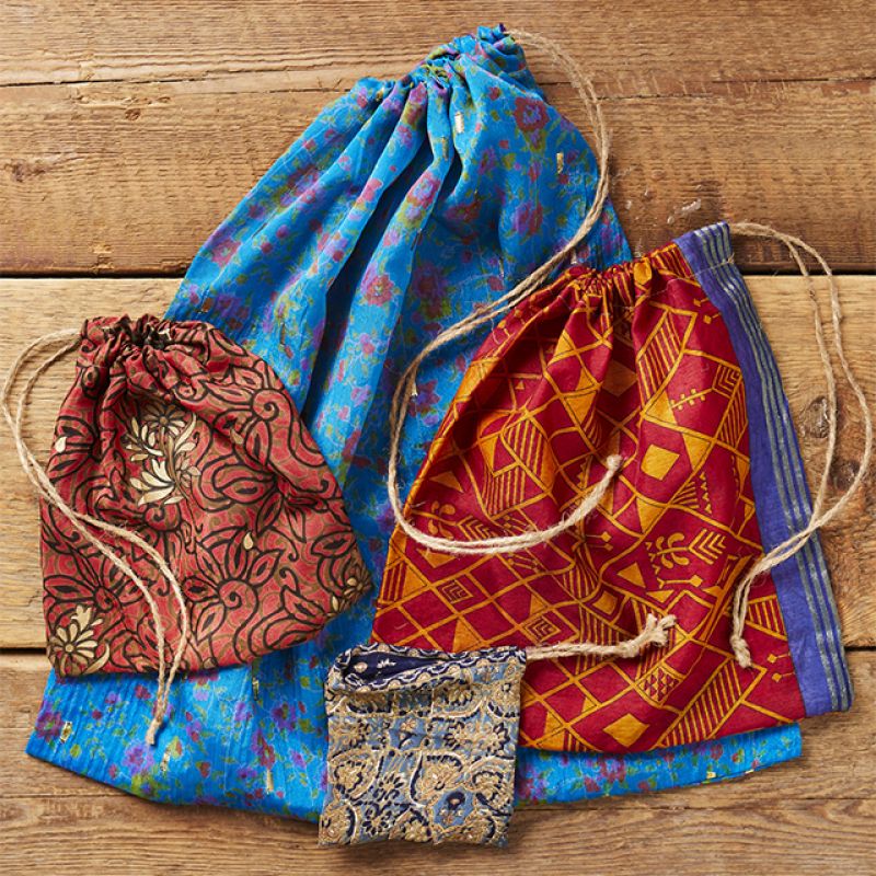 Recycled Sari Bag With Drawstring 48 x 48cm